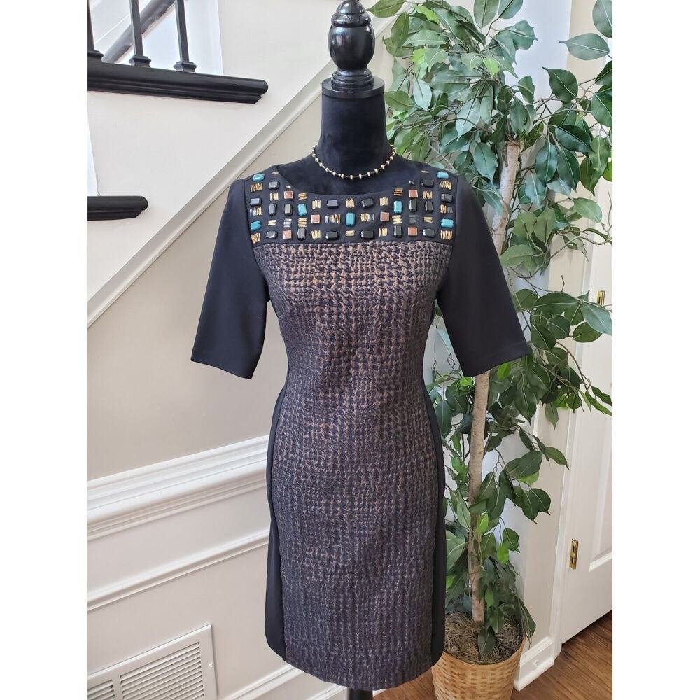Adrienne Vittadini Womens Black Round Neck Short Sleeve Knee Length Dress Size 4